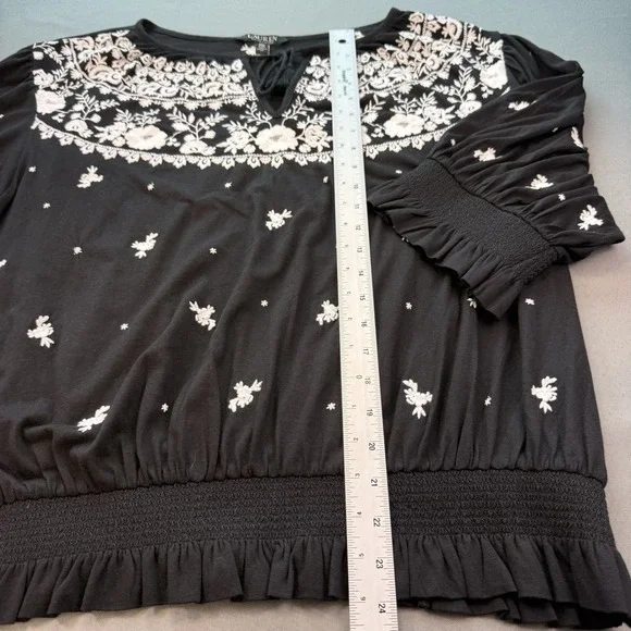 Lauren Ralph Lauren Top 2XL Peasant Embroidery Oaxaca Black White‎ Cottage Core - Picture 7 of 9